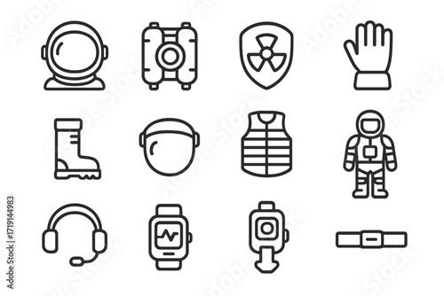 Terraforming Gear Icons. Outline icon set of Terraforming protective clothing: space helmet, oxygen backpack,