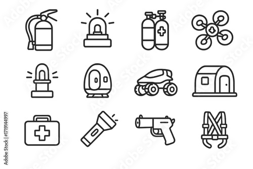 Terraforming Tool Icons. Outline icon set of Terraforming emergency tools: fire extinguisher, emergency beacon