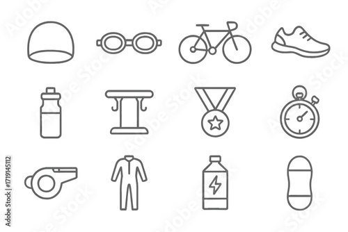 Triathlon Gear Icons. Outline icon set of triathlon: swim cap, goggles, bike, running shoes, water bottle,