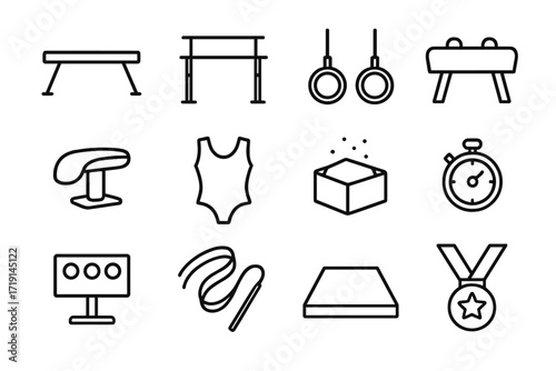 Gymnastics Icon Set. Outline icon set of gymnastics: balance beam, uneven bars, rings, pommel horse, vault,