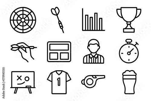 Darts Icon Set. Outline icon set of darts: dartboard, dart, scoring chart, trophy, hand throw, scoreboard,