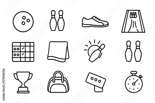 Bowling Icon Set. Outline icon set of bowling: bowling ball, pins, shoes, lane, scoreboard, towel, strike
