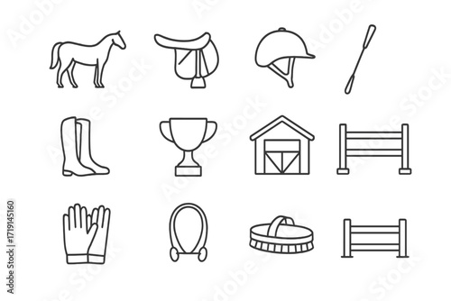 Equestrian Icon Set. Outline icon set of equestrian: horse, saddle, helmet, whip, boots, trophy, stable, jump