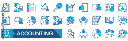 Accounting set of web icons. Accounting and audit icons for web and mobile app. Containing finance report and audit, invoice, tax return, accounting, auditing, inspection and more.