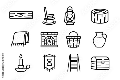 Rustic Interior Icons. Outline icon set of rustic interior: wooden beam, rocking chair, lantern, log table,