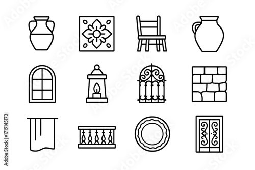 Mediterranean Interior Icons. Outline icon set of Mediterranean interiors: terracotta vase, ceramic tile,