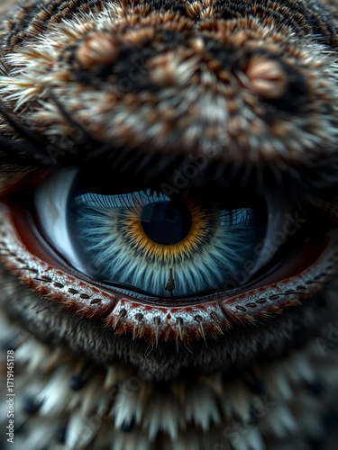 Nahaufnahme eines maennlichen Auges, gemein oder unheimlich blickend als Symbol fuer z. B. Stalking, Angst,