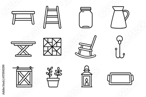 Farmhouse Icon Grid. Outline icon set of farmhouse style: wooden bench, ladder shelf, mason jar, milk jug,