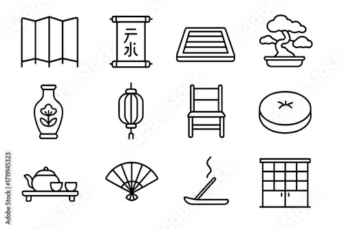 Oriental Interior Icons. Outline icon set of oriental interiors: folding screen, calligraphy scroll, tatami