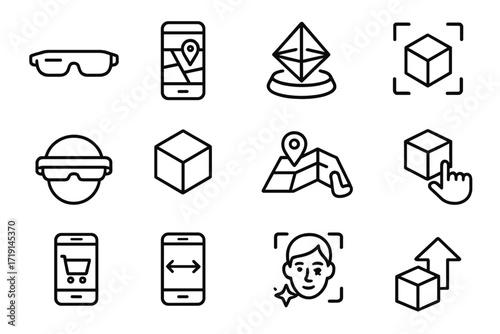 Augmented Reality Icons. Outline icon set of augmented reality: AR glasses, smartphone with overlay, hologram,