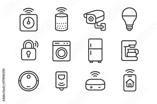 Smart Home Icon Set. Outline icon set of smart home: thermostat, smart speaker, security camera, smart bulb,