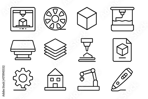 3D Printing Icon Set. Outline icon set of 3D printing: 3D printer, filament spool, printed cube, resin vat,