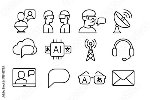 Futuristic Communication Icons. Outline icon set of futuristic communication: hologram call, VR meeting, AR