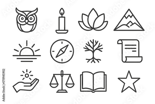 Wisdom Symbols Grid. Outline icon set of wisdom symbols: owl, candle, lotus flower, mountain peak, sunrise,