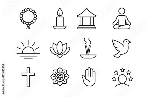 Spiritual Icon Collection. Outline icon set of spiritual aging: prayer beads, candle flame, temple, meditation