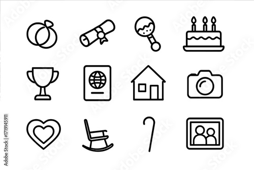 Life Milestones Icons. Outline icon set of life milestones: wedding rings, diploma scroll, baby rattle,