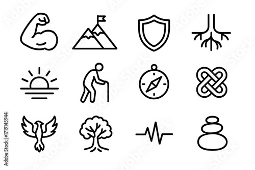 Aging Resilience Icons. Outline icon set of aging and resilience: strong arm, mountain, shield, roots, sunrise