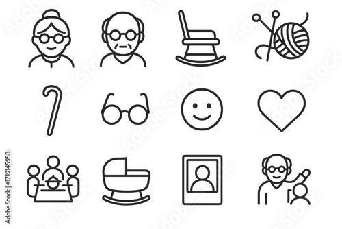 Grandparents Icon Set. Outline icon set of grandparents: grandmother figure, grandfather figure, rocking chair