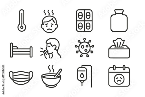 Flu and Fever Icons. Outline icon set of flu and fever: thermometer high, fever face, pill pack, hot water