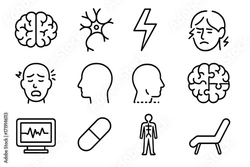 Neurology Icon Grid. Outline icon set of neurological conditions: brain, neuron, lightning bolt, migraine face