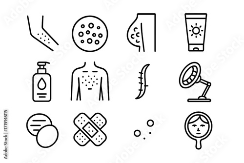 Dermatology Icon Set. Outline icon set of skin conditions: rash icon, acne spot, eczema patch, sunscreen tube,