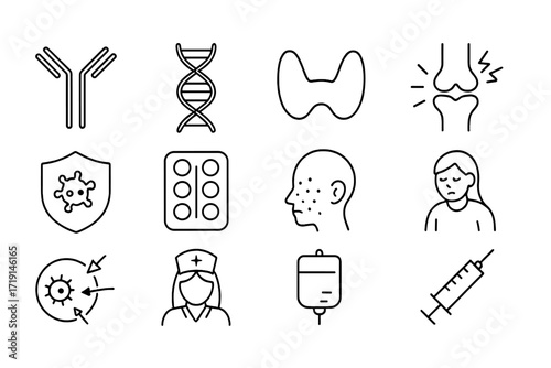 Autoimmune Icons Set. Outline icon set of autoimmune diseases: antibody icon, DNA strand, thyroid gland,