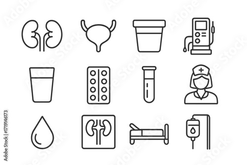 Kidney Health Icons. Outline icon set of kidney and urinary problems: kidney icon, bladder, urine sample cup,