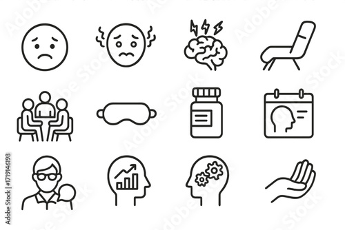 Mental Health Icons. Outline icon set of mental health disorders: sad face, anxious icon, brain storm, therapy