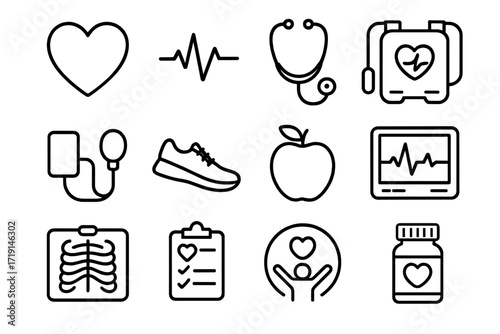 Heart Health Icons. Outline icon set of heart health: heart, heartbeat line, stethoscope, defibrillator, blood