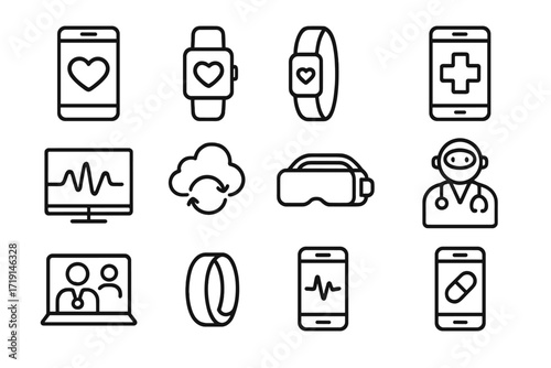 Digital Health Icons. Outline icon set of digital health: smartphone with heart, smartwatch, fitness tracker,