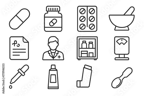 Pharmacy Outline Icons. Outline icon set of pharmacy and medication: pill capsule, pill bottle, blister pack,