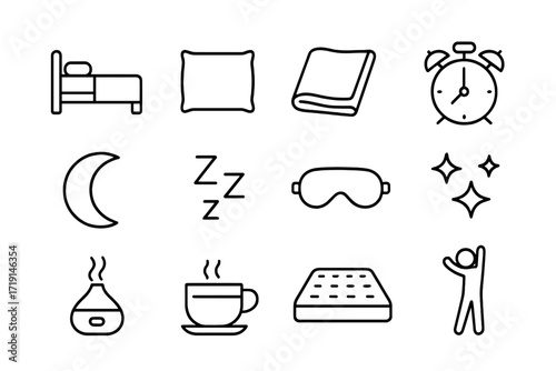 Sleep Essentials Icons. Outline icon set of sleep and recovery: bed, pillow, blanket, alarm clock, moon, Zzz
