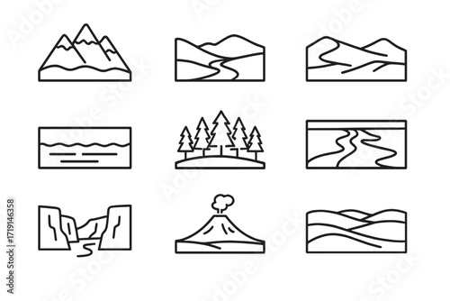 Landscape Icon Set. Outline icon set of wide-angle landscapes: mountain range, valley, desert dunes, ocean