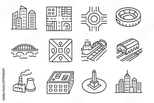 360° City Icons. Outline icon set of 360° aerial city views: skyscraper cluster, street grid, roundabout,