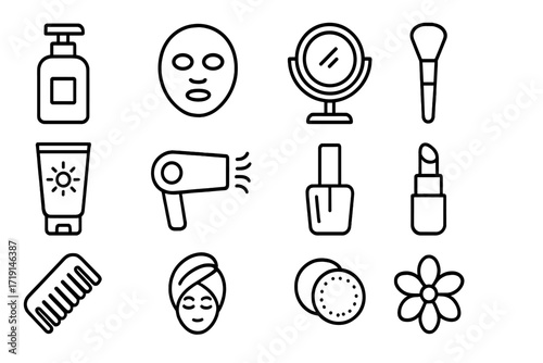 Beauty Icon Set. Outline icon set of skincare and beauty: lotion bottle, face mask, mirror, makeup brush,