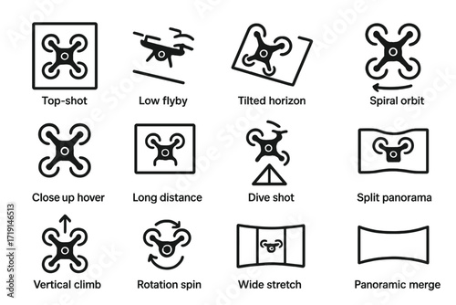 Extreme Drone Angles. Outline icon set of extreme drone angles: top-down shot, low flyby, tilted horizon,