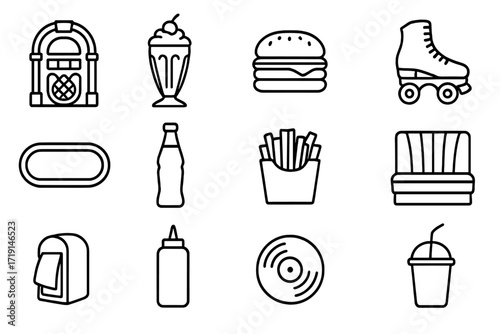 50s Diner Icons. Outline icon set of 50s diner style: jukebox, milkshake glass, hamburger, roller skates, neon