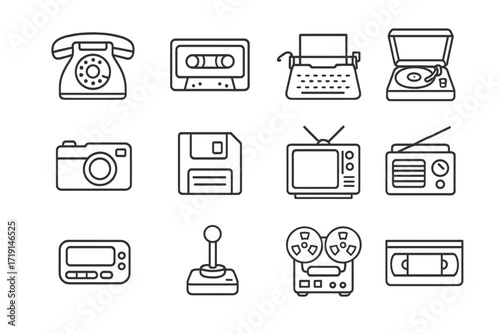 Retro Tech Icons. Outline icon set of retro technology: rotary phone, cassette tape, typewriter, record player