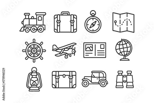 Vintage Travel Icons. Outline icon set of vintage travel: steam train, suitcase, compass, map, ship wheel,