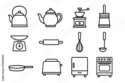 Vintage Kitchen Icons. Outline icon set of vintage kitchen: kettle, teapot, coffee grinder, butter churn,