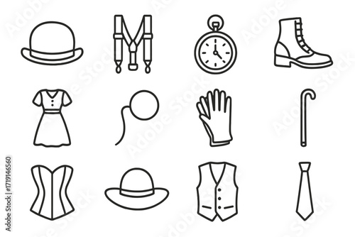 Vintage Fashion Icons. Outline icon set of vintage fashion: bowler hat, suspenders, pocket watch, lace-up