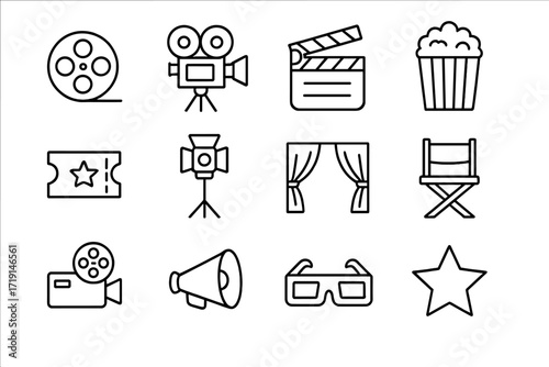Old Cinema Icons. Outline icon set of old cinema: film reel, movie camera, clapperboard, popcorn, cinema