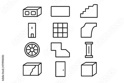 Brutalist Icon Set. Outline icon set of brutalist shapes: concrete block, heavy rectangle, rough stair,