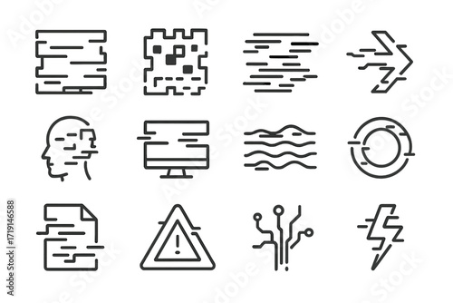 Glitch Art Icons. Outline icon set of glitch art: distorted screen, pixelated square, static noise, broken