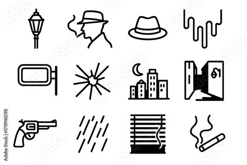 Neo-Noir Icon Set. Outline icon set of neo-noir abstraction: street lamp, smoking silhouette, fedora hat,