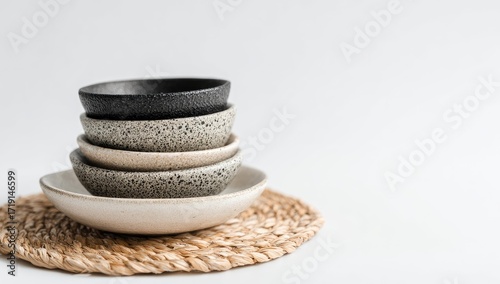 Wallpaper Mural Stacked ceramic bowls in varying shades of gray and beige on a woven placemat Torontodigital.ca