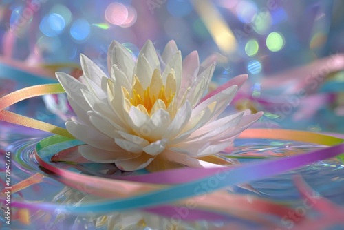 Wallpaper Mural Delicate white water lily on surface, surrounded by pastel ribbons, bokeh Torontodigital.ca