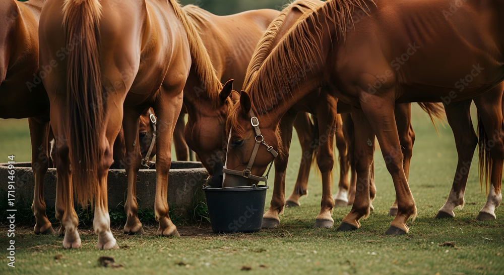 Fototapeta premium Chestnut horses drinking water from trough on green meadow