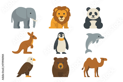 World Animals Icon Set. Flat icon set of world animals: elephant, lion, panda, kangaroo, penguin, dolphin,