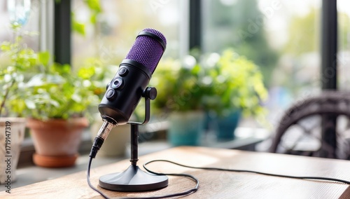 Wallpaper Mural Purple microphone on a stand, on a wooden table, near plants and a window Torontodigital.ca